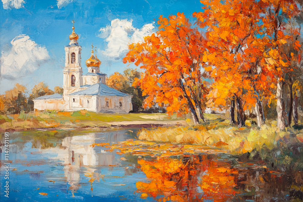 Fototapeta premium Colorful autumn scene with a church by the river and vibrant trees. 