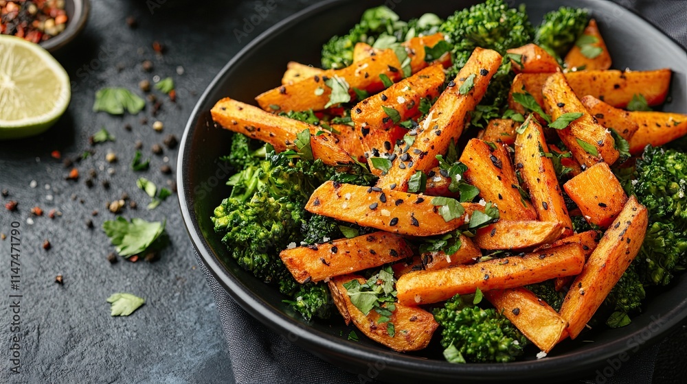 Fries and a nutritious vegetable dish Fries and a nutritious vegetable dish