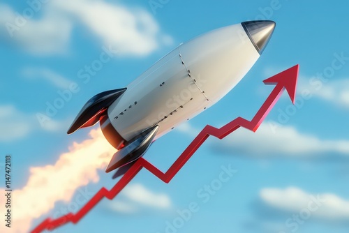 A dynamic 3D retro rocket launching towards the sky, passing by a red statistic arrow that symbolizes upward trends or business growth, against a bright, clean blue background. photo