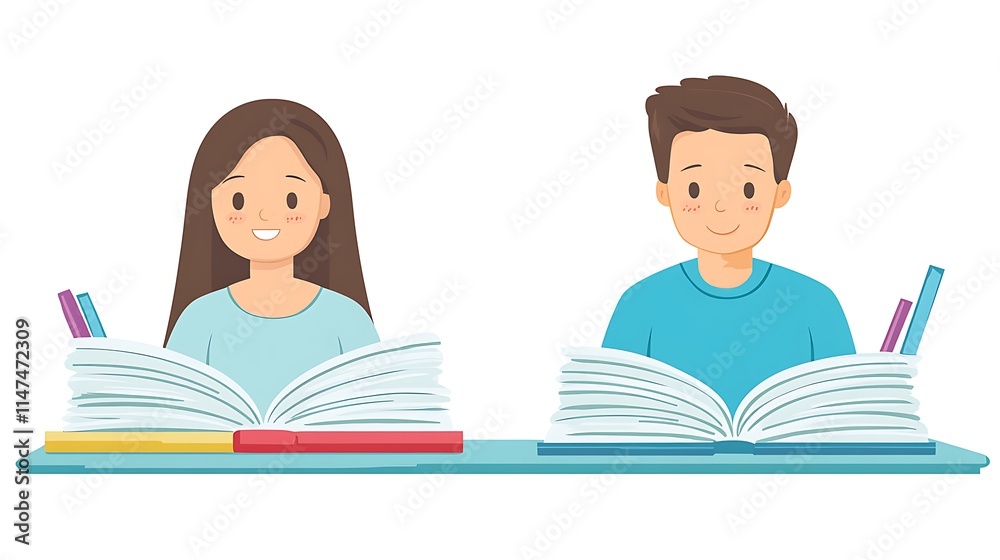 Girl and Boy Students Studying Together Reading Books Girl and Boy Students Studying Together Reading Books