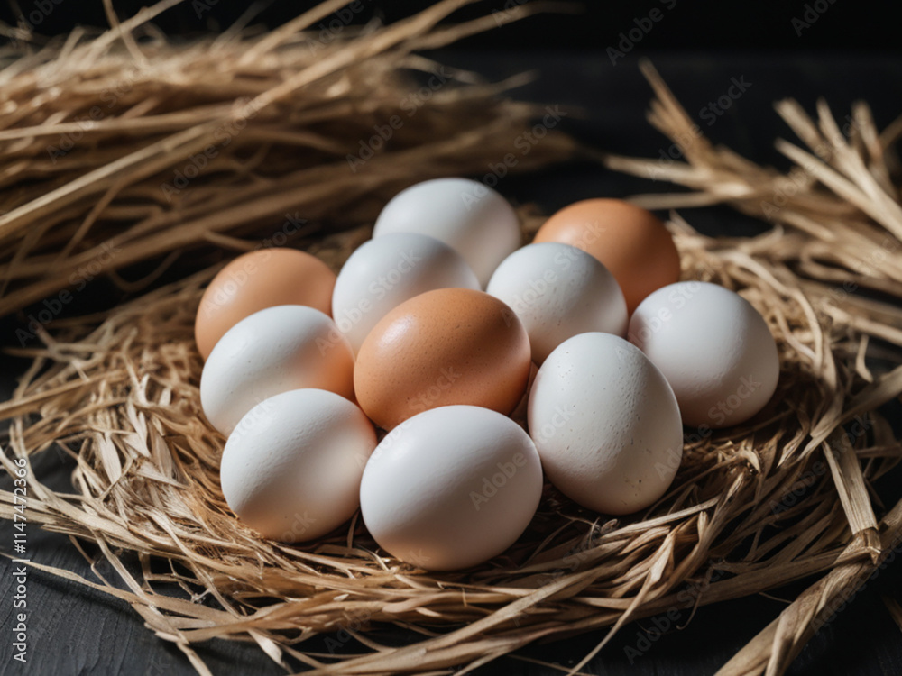 Fresh Chicken Eggs with Straw on Black Wooden Table, Close-Up
Fresh Chicken Eggs with Straw on Black Wooden Table, Close-Up