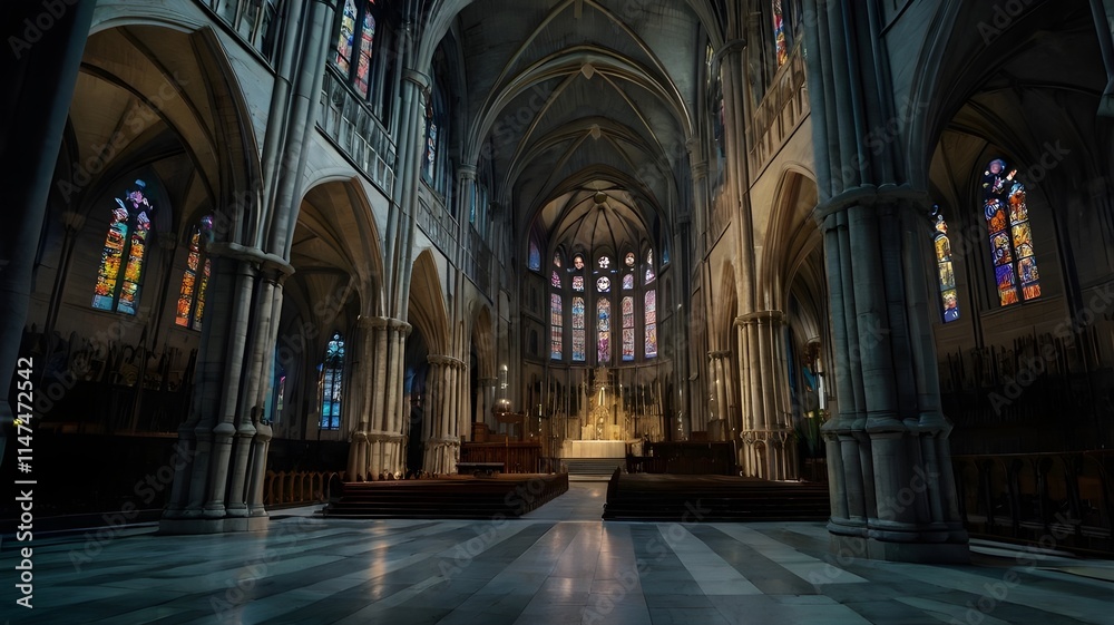 A cathedral with phosphorescent details that only glow in the dark, revealing hidden symbols.
