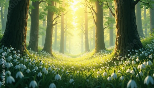 Spring forest with blooming snowdrops and sunlight illuminating the green pathway
