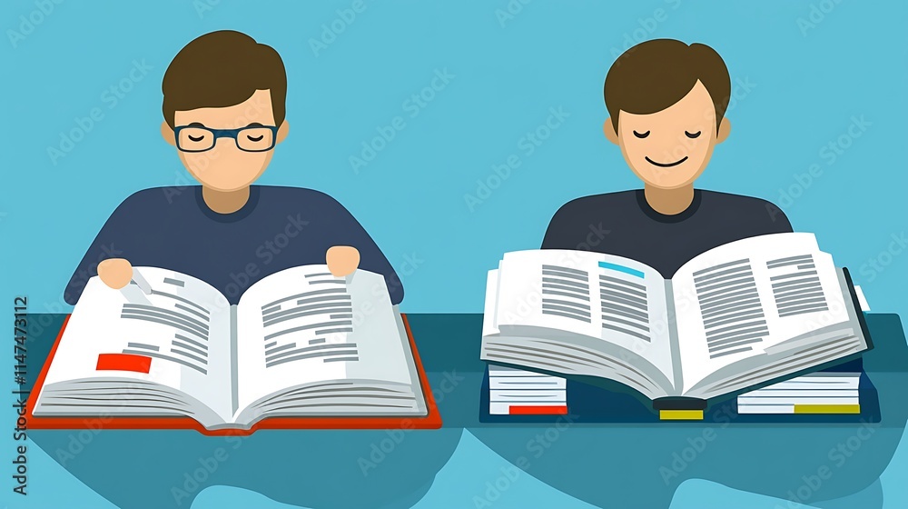 Two Young Men Reading Books Studying Together Two Young Men Reading Books Studying Together
