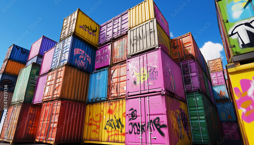 Fototapeta premium A stack of shipping containers painted with graffiti. Generative AI.