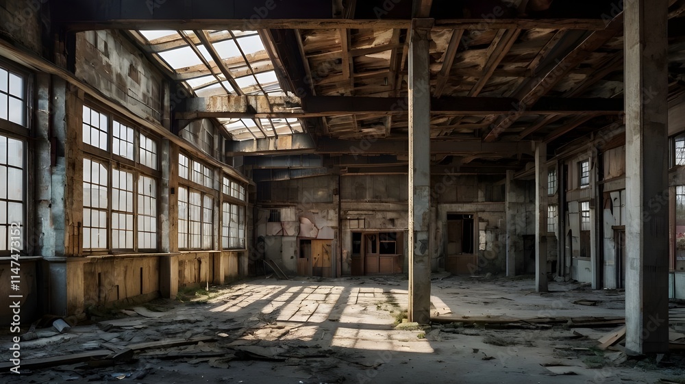 A derelict warehouse with twisted walls and crooked beams, creating a surreal, distorted effect.
A derelict warehouse with twisted walls and crooked beams, creating a surreal, distorted effect.