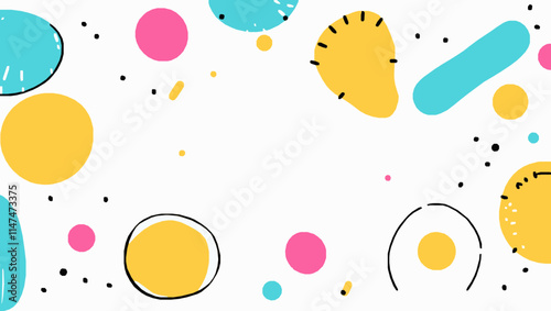 Fun colorful abstract background in doodle style. Simple playful design with hand drawn overlay shapes