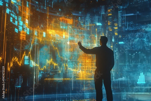 A dynamic image of a businessman interacting with a holographic display  where virtual graphs  statistics  and an upward-trending arrow are projected in the air  symbolizing stock market growth.