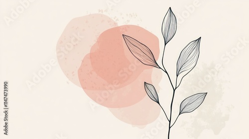 Minimalist botanical illustration with line art leaves and abstract watercolor shapes.