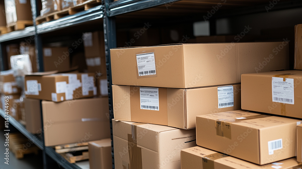 Numerous cardboard boxes are arranged on a warehouse shelf, showcasing different sizes and labels in a bustling storage environment filled with packages
Numerous cardboard boxes are arranged on a warehouse shelf, showcasing different sizes and labels in a bustling storage environment filled with packages