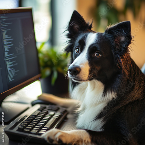  border collie dog sitting at a desk in a cozy office, looking at a computer screen. Perfect for concepts like 