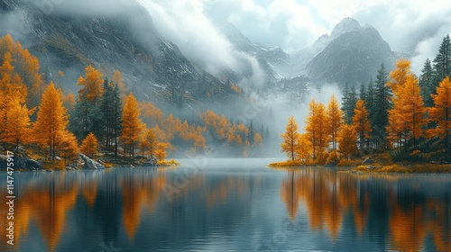 Misty mountains, autumn trees reflected in lake.