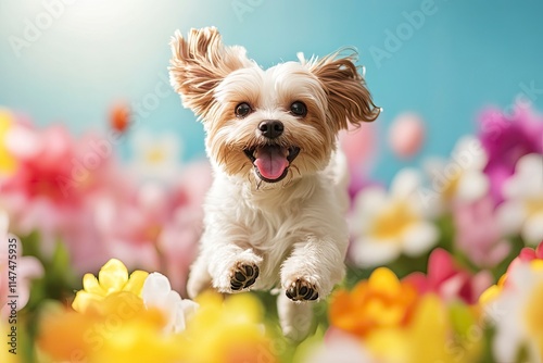 Happy playful funny pet dog running, jumping in spring between easter flowers. Puppy training in spring or summer.  photo