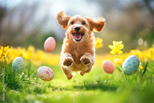 Happy playful funny pet dog running, jumping in spring between easter flowers. Puppy training in spring or summer.  photo