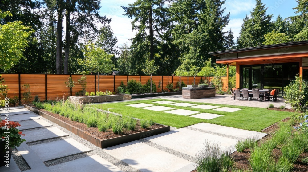 Obraz premium Modern backyard with a patio, a stone fire pit, a grass lawn, and a fence.