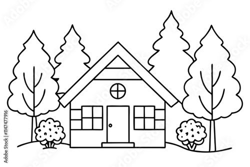Cozy Cabin and Trees Line Drawing for Kids' Coloring Pages