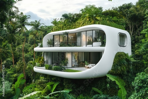 A futuristic, white, eco-friendly building surrounded by lush green nature, symbolizing sustainable design and environmental sustainability goals in the context of green business. photo