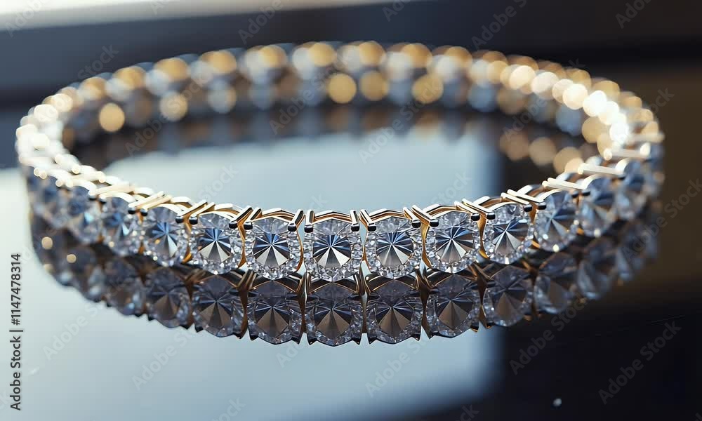 A close-up of a sparkling diamond bracelet reflecting light elegantly.