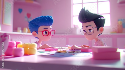 Two Cartoon Boys Create Art Together In Pink Room