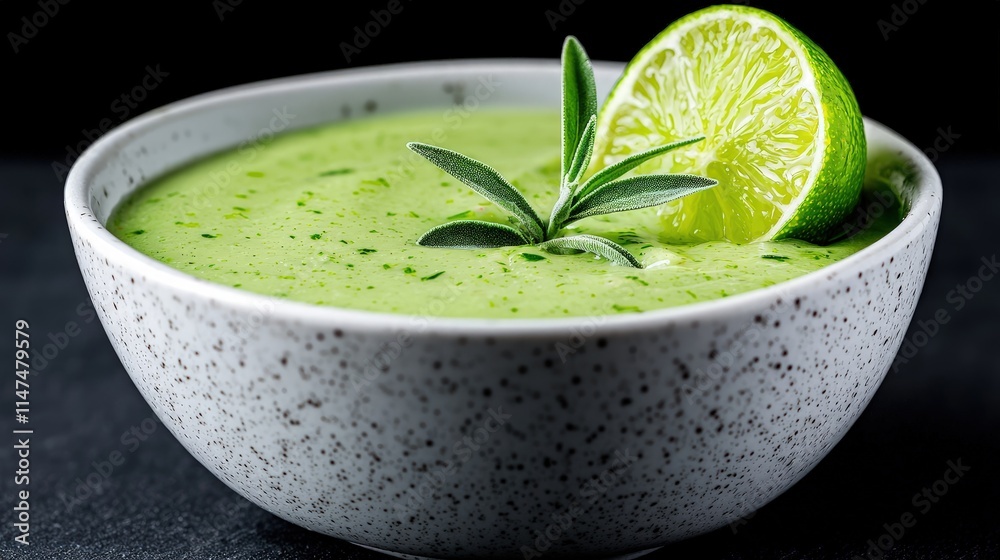 Creamy green soup in bowl, garnished with lime and sage. Creamy green soup in bowl, garnished with lime and sage.
