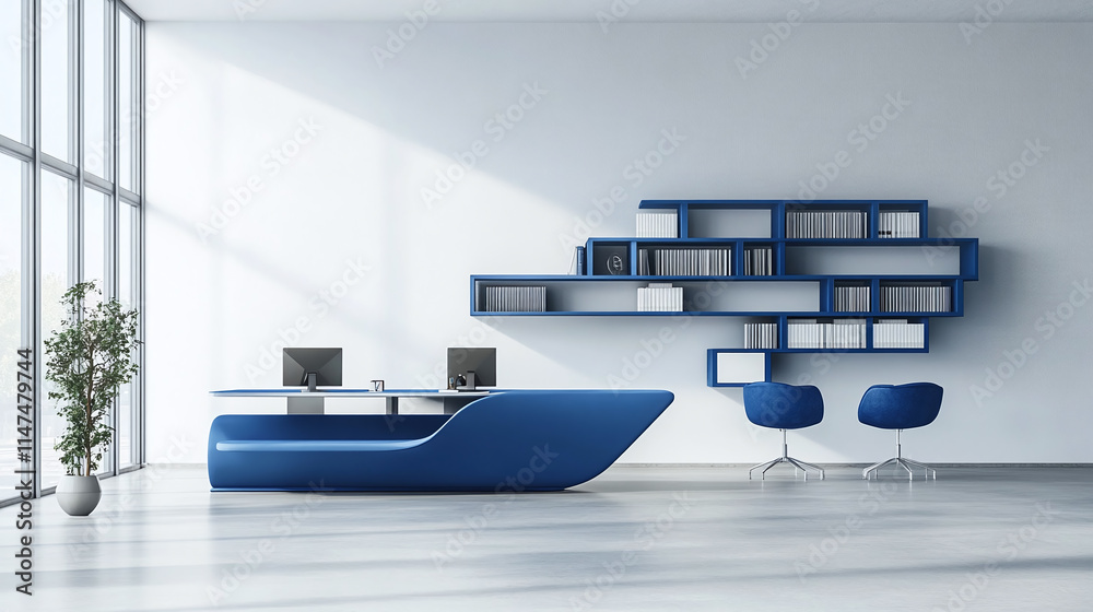 Naklejka premium Modern Blue Reception Desk with Integrated Bookshelves in Minimalist Office Interior