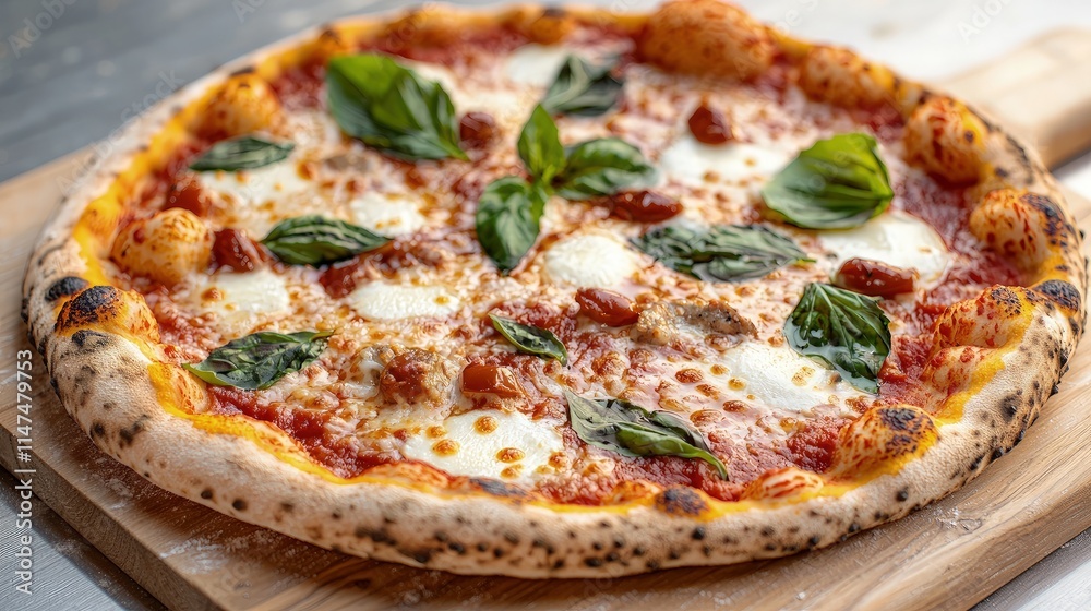 Delicious margherita pizza with sun-dried tomatoes and fresh basil on a wooden board. Delicious margherita pizza with sun-dried tomatoes and fresh basil on a wooden board.