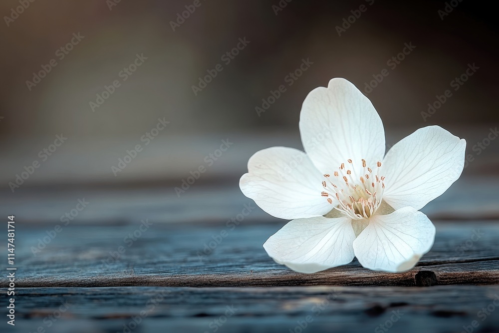 Fototapeta premium Single white flower on rustic wood. Perfect for serenity, nature, or spa themes.