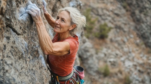 Senior Woman Rock Climbing Outdoors Demonstrating Strength and Determination in Natural Mountain Environment