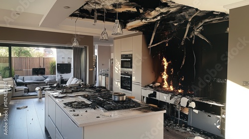 A kitchen with fire damage to the ceiling and countertops. photo