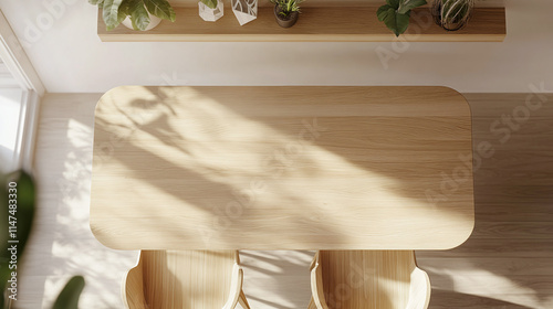 Minimalist Light Wood Dining Table with Sunlight and Plants