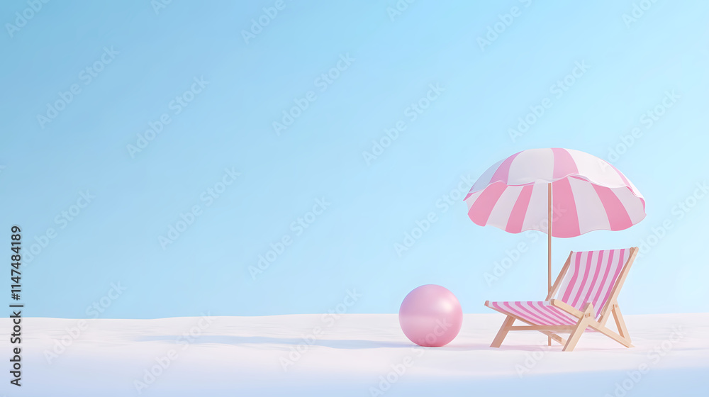 A Perfect Summer Scene Featuring a Charming Pink Beach Chair, Umbrella, and Ball Under a Clear Azure Sky Inviting Relaxation. A Perfect Summer Scene Featuring a Charming Pink Beach Chair, Umbrella, and Ball Under a Clear Azure Sky Inviting Relaxation.