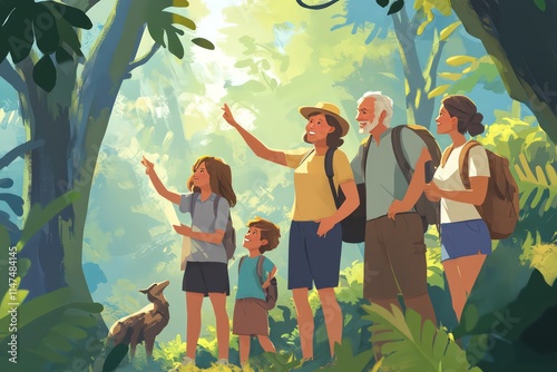 A family of all ages hiking in a forest, with grandparents pointing out interesting wildlife to the kids, while the parents enjoy the outdoors together.