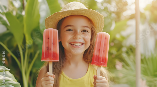 A joyful young girl enjoying summer bliss with colorful popsicles in her hands, radiating happiness under the warm sunshine in lush greenery. photo