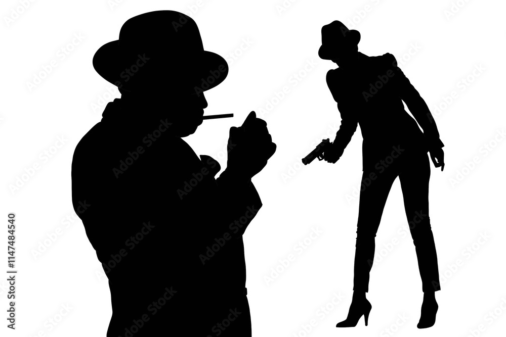 silhouette of a mafia or male detective smoking and a female detective holding a gun silhouette of a mafia or male detective smoking and a female detective holding a gun