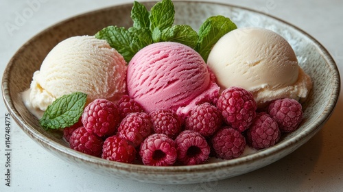 Three scoops of ice cream, vanilla, strawberry, and raspberry with fresh raspberries and mint.