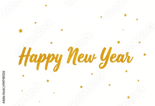 Stylish Gold Glitter Lettering 'Happy New Year' Against a Crisp White Background for Eye-Catching Designs photo