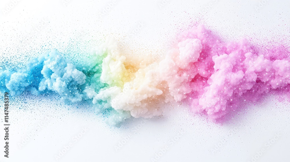 Obraz premium Colorful holi powder paint in vibrant shades of blue, yellow, and pink spread across a white background.