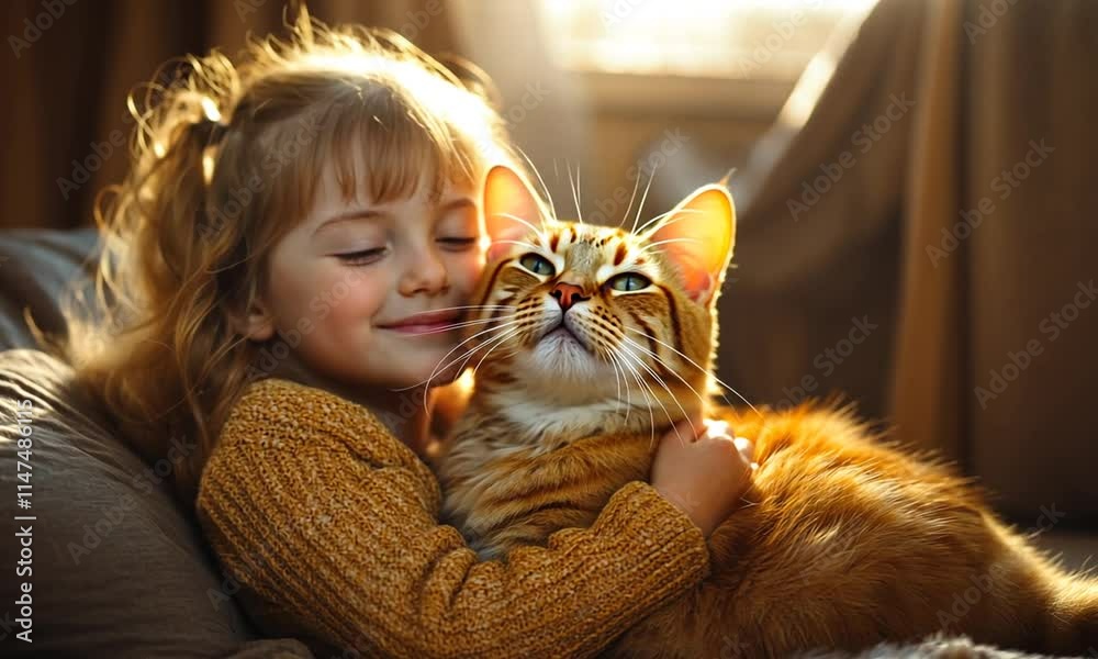 A child embraces a fluffy orange cat in warm sunlight. A child embraces a fluffy orange cat in warm sunlight.
