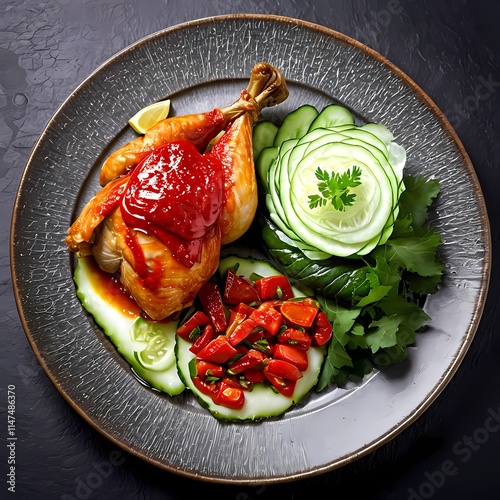 Grilled chicken with chili sauce served with cucumber and cabbage leaves neatly arranged.