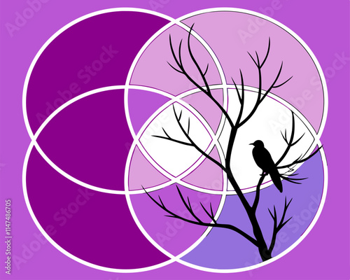 Purple Abstract Art: Bird on Branch, Geometric Design.