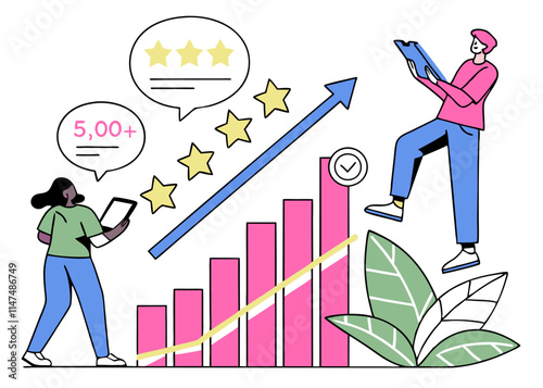 5-Star Reviews & Business Growth:  Colorful Vector Illustration - Upward Trend, Success.