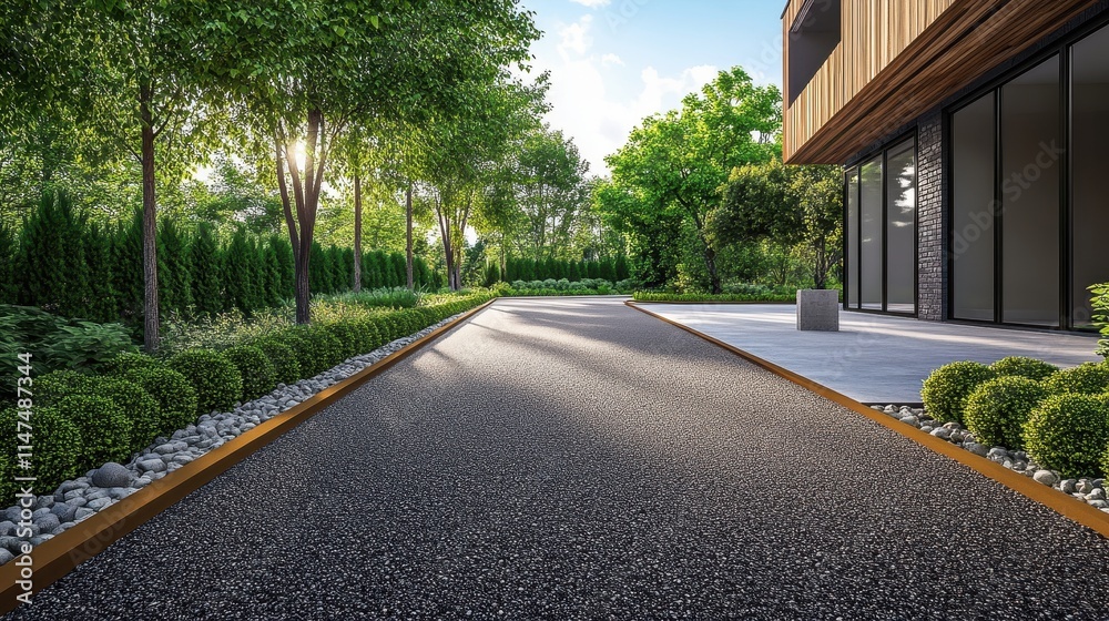 Modern driveway with lush landscaping, bordered by metal edging. Perfect for showcasing luxury homes, architecture, or landscaping design. Modern driveway with lush landscaping, bordered by metal edging. Perfect for showcasing luxury homes, architecture, or landscaping design.