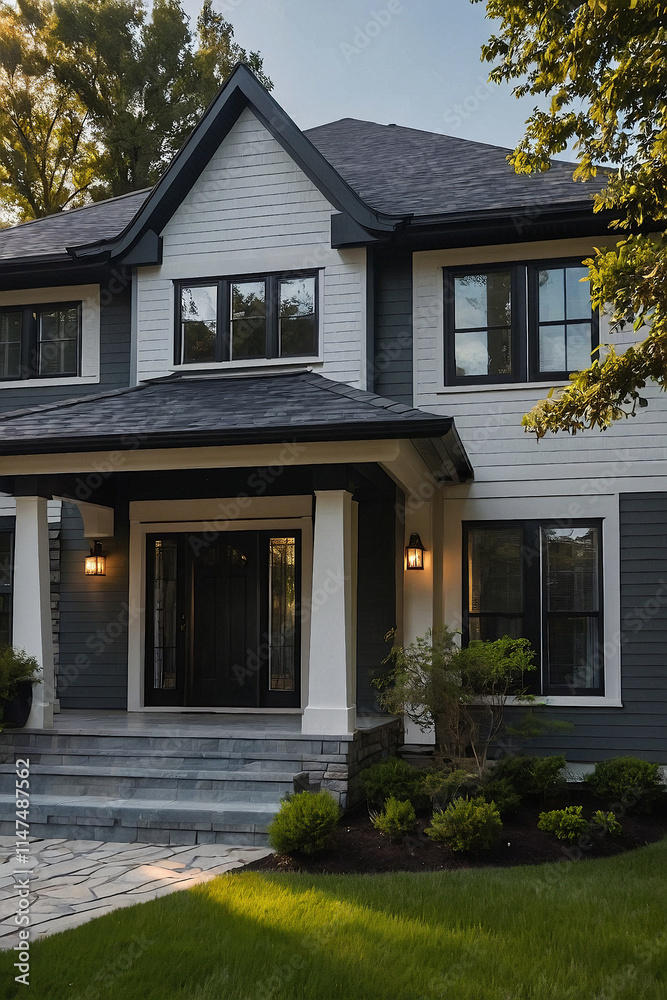 Two-story house with white and gray siding, black windows and trim, a ...