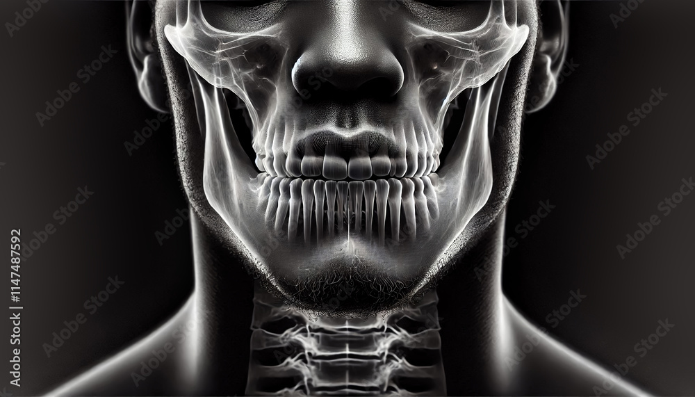 Fototapeta premium An X-ray image of the human chin showing the bone density, jawline connection, and mandibular angle for diagnostic and educational purposes.