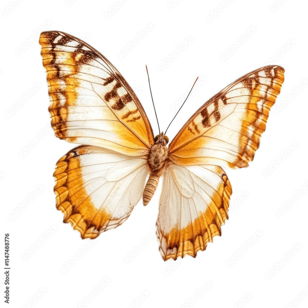 Beautiful butterfly with striking orange and white patterns, showcasing delicate wings and intricate details, isolated on a clean white background for stunning visual impact Beautiful butterfly with striking orange and white patterns, showcasing delicate wings and intricate details, isolated on a clean white background for stunning visual impact
