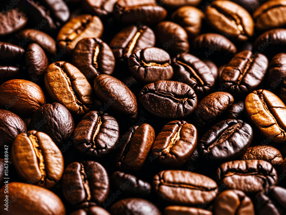 Fototapeta premium Assorted coffee beans, including light roasted and dark roasted varieties, arranged in a textured background