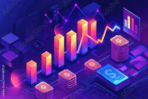 A glowing upward trend line cutting across a digital dashboard, with stacks of cash and bar graphs growing taller as a visual metaphor for increasing revenues.