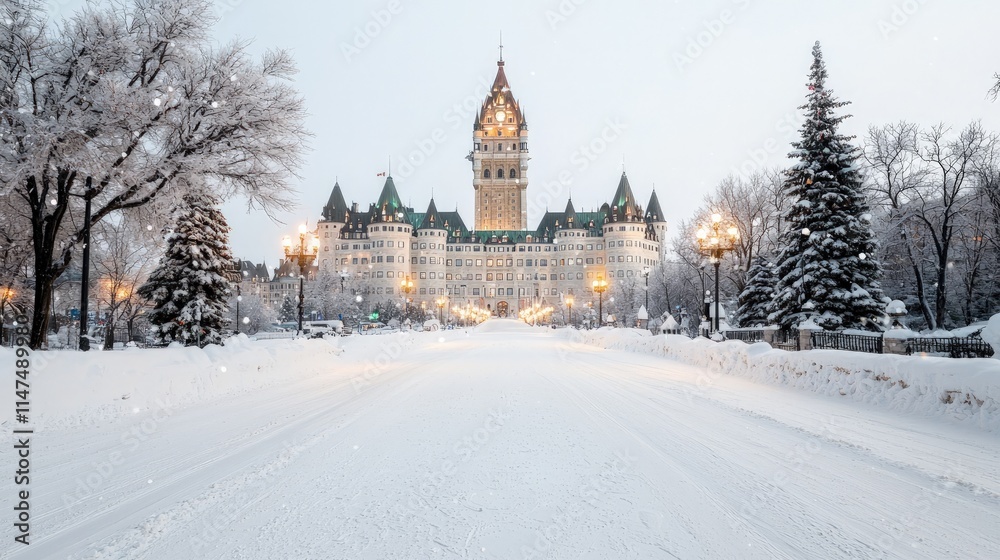 Obraz premium Historic chateau-style building illuminated at dusk with a snow-covered avenue and frosted trees in winter.