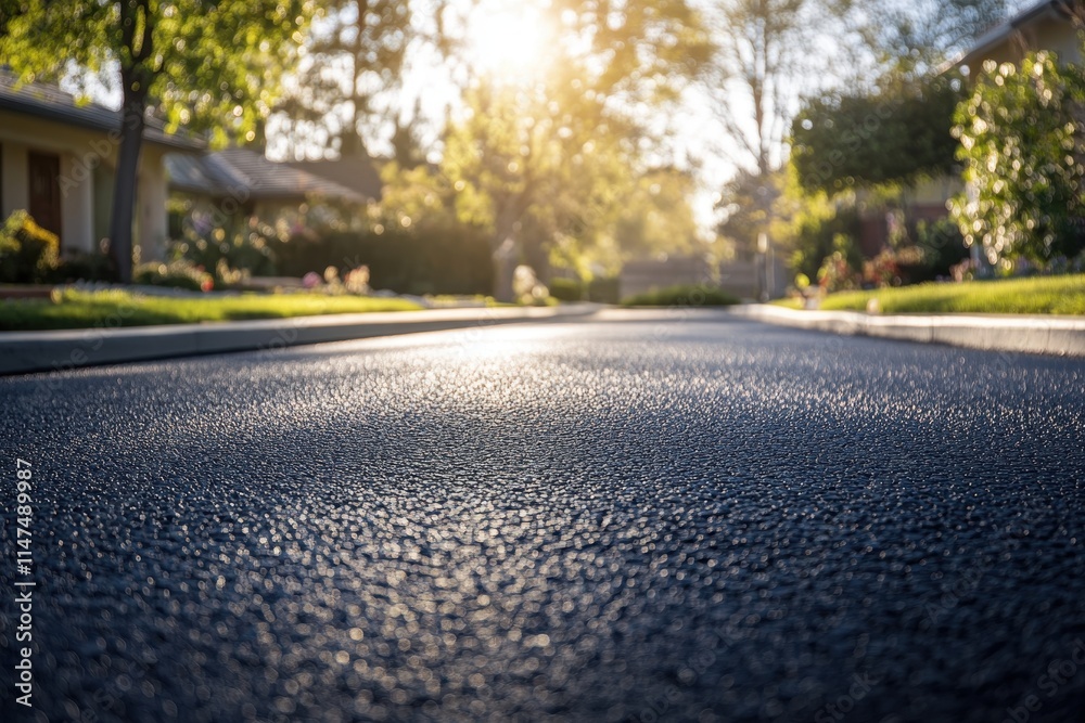 Close-up of asphalt road surface, sunlit suburban street in background. Ideal for real estate, transportation, or community projects. Close-up of asphalt road surface, sunlit suburban street in background. Ideal for real estate, transportation, or community projects.