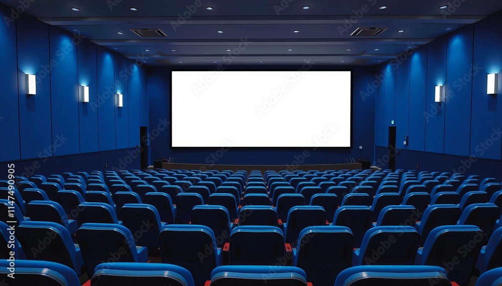 Fototapeta premium empty cinema hall with rows of blue chairs and a large white screen ready for movies or presentations